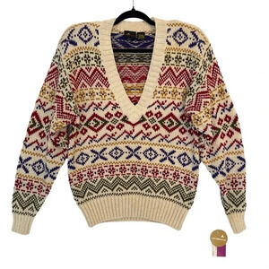 Deadstock NWT 90s Liz Sport Fair Isle Cotton‎ Sweater L Cream Multicolor V-Neck